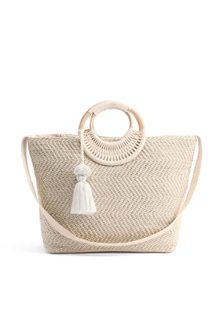 Birch Lurex Durrie Cane Handle Hand Woven Large White Tote