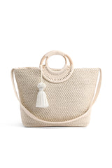 Birch Lurex Durrie Cane Handle Hand Woven Large White Tote
