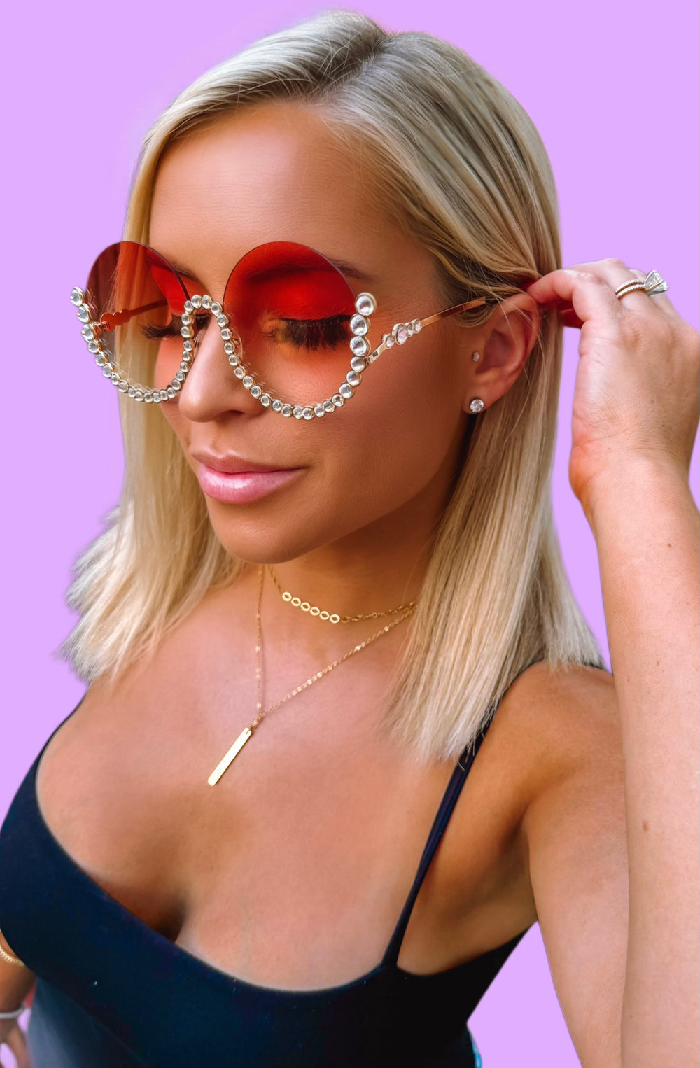 Half Rhinestone Round Frame Sunglasses - Gradual Powder Pink