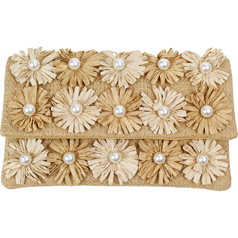 Raffia Flower Pearl Beaded Clutch