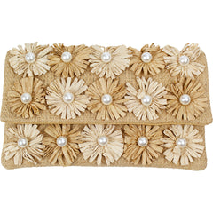 Raffia Flower Pearl Beaded Clutch