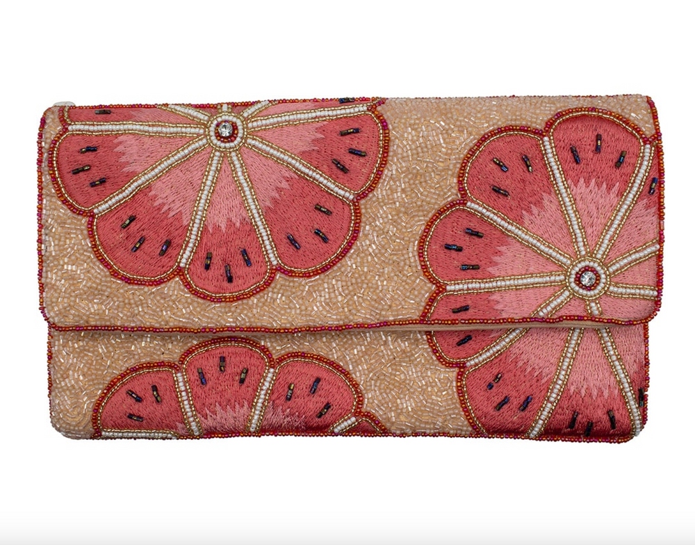 Coral Pink Floral Beaded Clutch