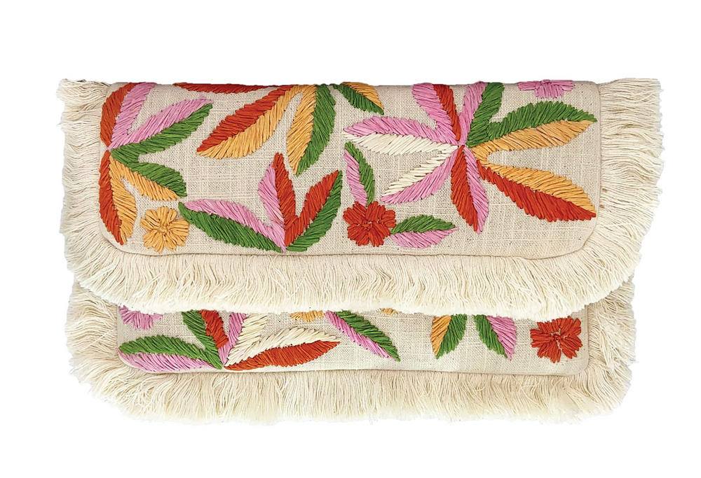 Raffia Floral Embroidered Clutch