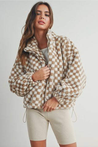 Checker Teddy Jacket - Taupe