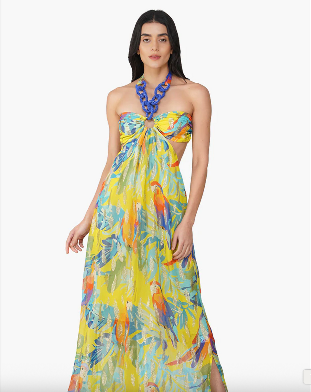 Peru Tropic Lurex Printed Halter Dress