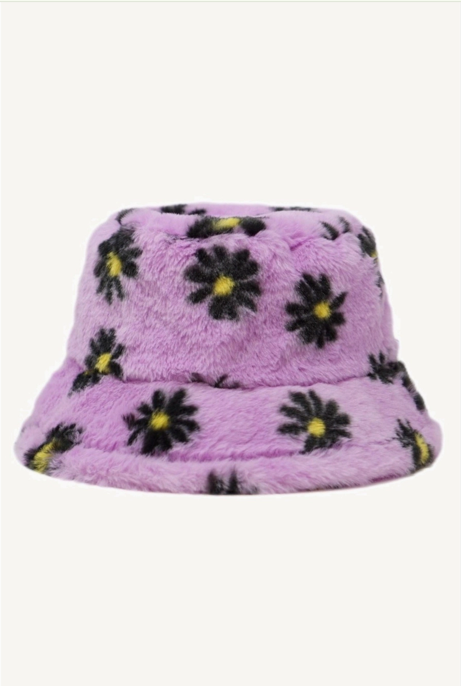 Faux Fur Fuzzy Textured Bucket Hat, Daisy Flowers - Purple
