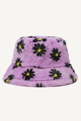 Faux Fur Fuzzy Textured Bucket Hat, Daisy Flowers - Purple