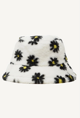 Faux Fur Fuzzy Textured Bucket Hat, Daisy Flowers - White