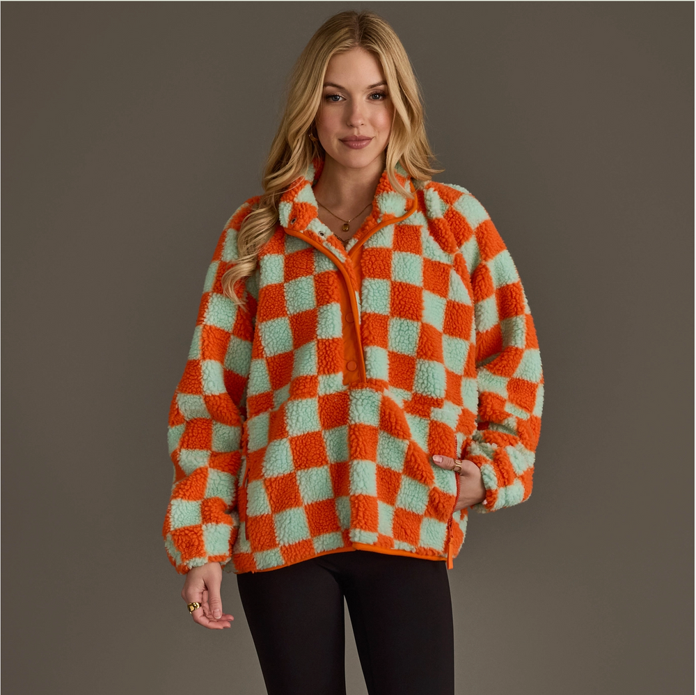 Orange and Aqua Checkered Fleece Sweatshirt